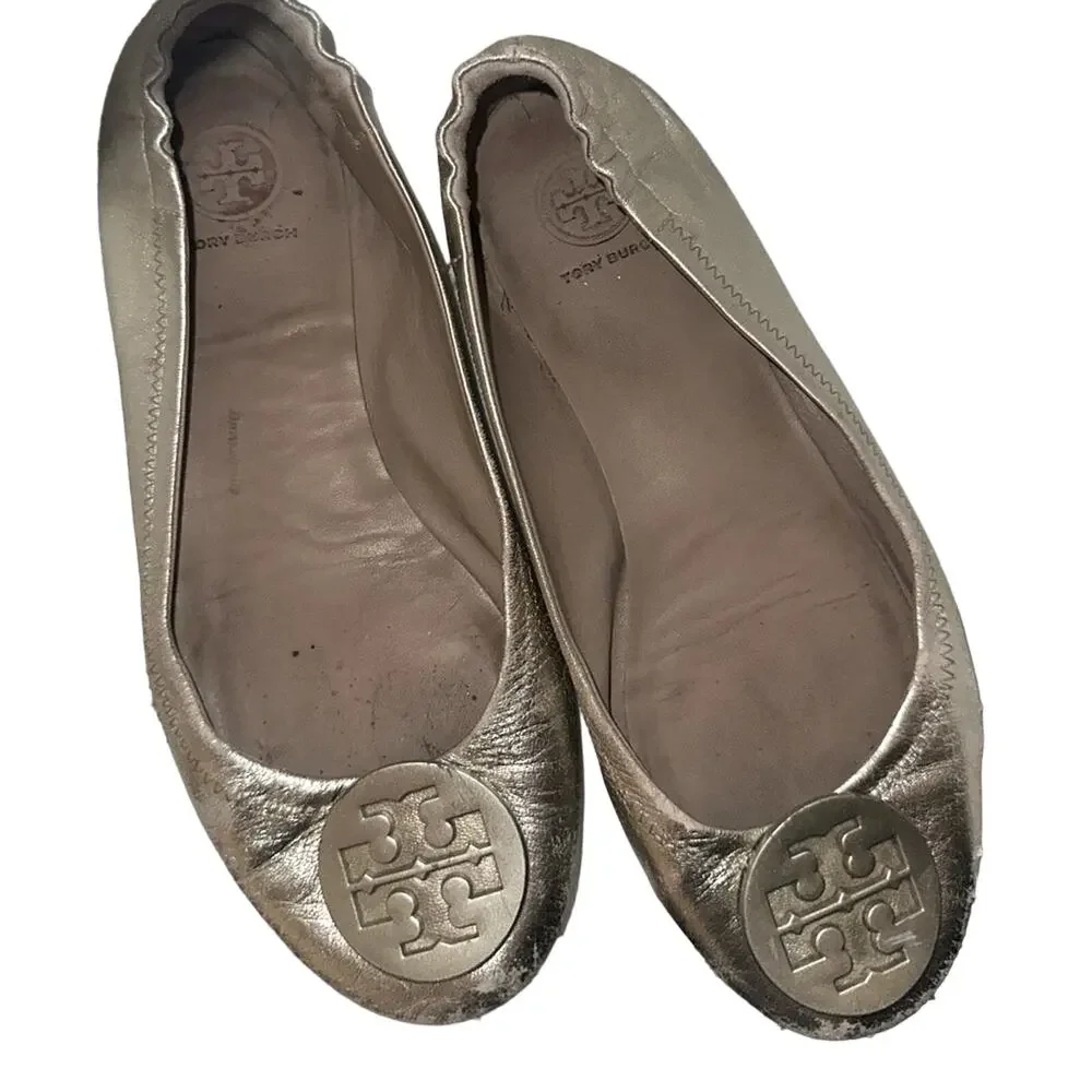 Tory Burch Flats Women’s Sz 9 M Minnie Travel Ballet Shoes Gold leather‎